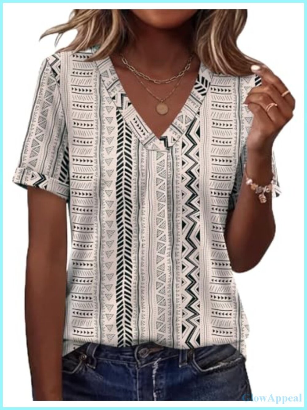Womens V Neck Short Sleeve Top Rolled Sleeve Glitter T-Shirt Casual Tunic